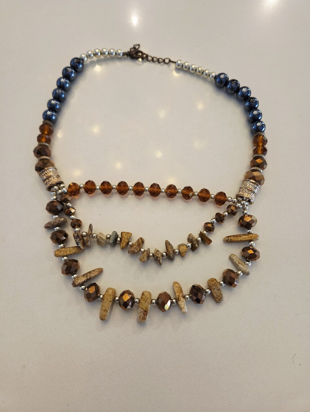 Multi-Strand Brown and Blue Beaded Women's Necklace